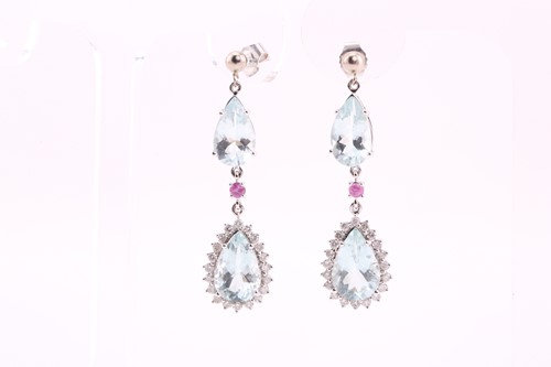 Lot 32 - A pair of aquamarine and diamond cluster drop...