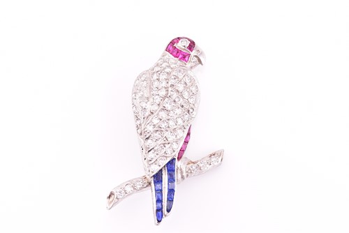 Lot 324 - A diamond, sapphire and ruby parrot brooch,...