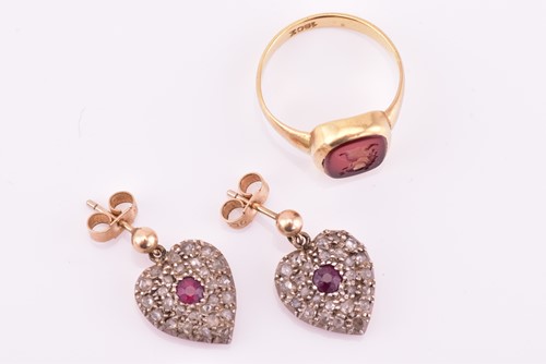 Lot 54 - A pair of diamond and ruby heart-shaped...