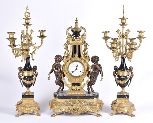 Lot 432 - A 20th Century Louis XVI style clock garniture...