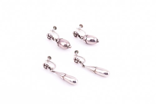 Lot 10 - Georg Jensen - a pair of drop earrings, with...