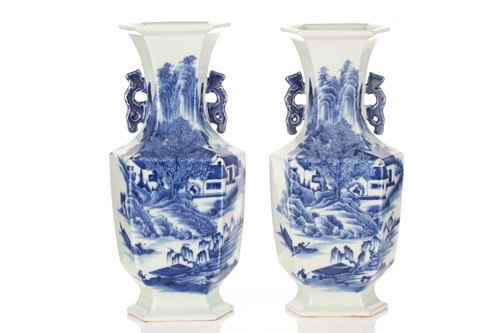 Lot 85 - A pair of Chinese blue & white hexagonal vases,...