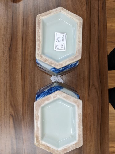 Lot 85 - A pair of Chinese blue & white hexagonal vases,...
