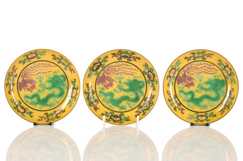 Lot 106 - A set of three Chinese porcelain dragon and...