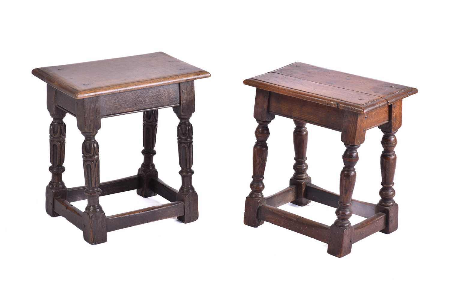Lot 371 A Jacobean style oak joint stool with thumb