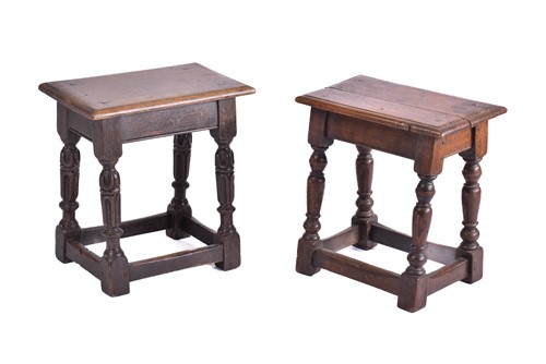 Lot 371 - A Jacobean style oak joint stool with thumb...