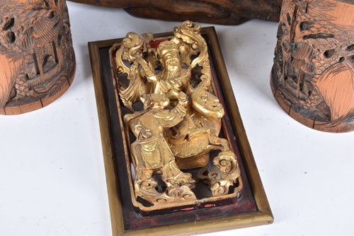Lot 299 - A Chinese Chaozhou giltwood panel, 20th...