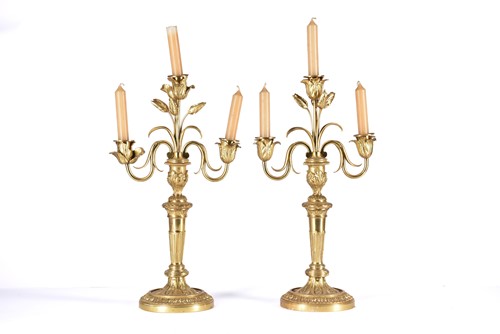 Lot 408 - A pair of gilt matel three branch candelabra,...