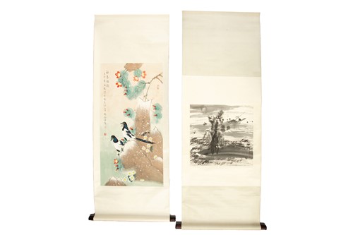 Lot 215 - A Chinese scroll painting of magpies, signed...