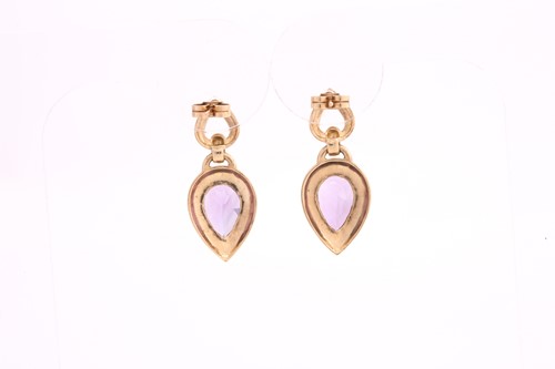 Lot 197 - A pair of 9ct gold amethyst drop earrings,...