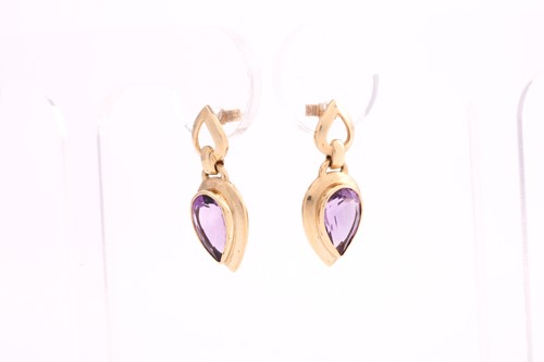 Lot 197 - A pair of 9ct gold amethyst drop earrings,...