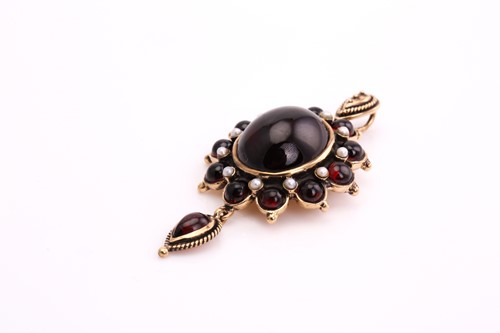 Lot 98 - A garnet and split pearls pendant, consisting...