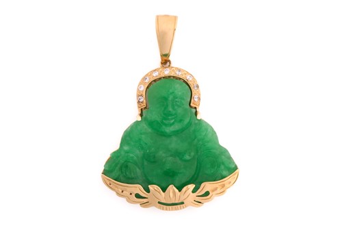 Lot 211 - A jade Buddha and white sapphires pendant,...