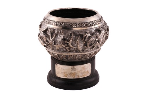 Lot 486 - An Indian large white metal commemorative bowl...