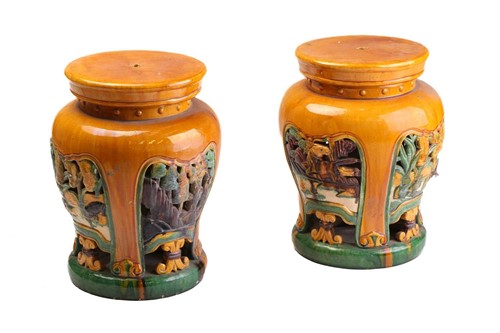 Lot 161 - A pair of Chinese pottery Sancai vase...