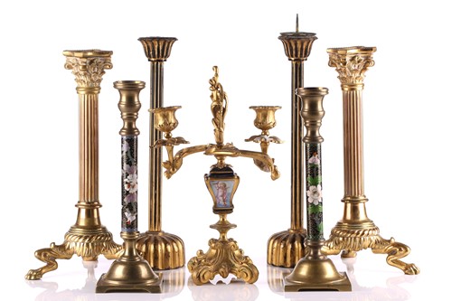 Lot 342 - Three pairs of decorative candlesticks, 19th...