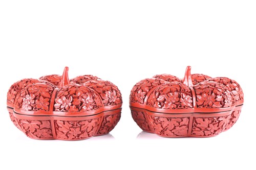 Lot 182 - A pair of Chinese lacquer melon form boxes and...
