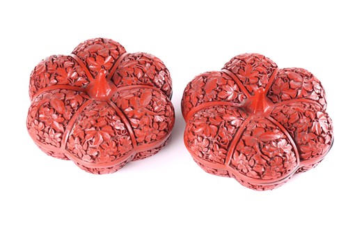 Lot 182 - A pair of Chinese lacquer melon form boxes and...
