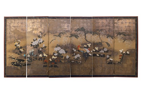 Lot 174 - A Japanese six-panel Byobu screen, Edo, early...