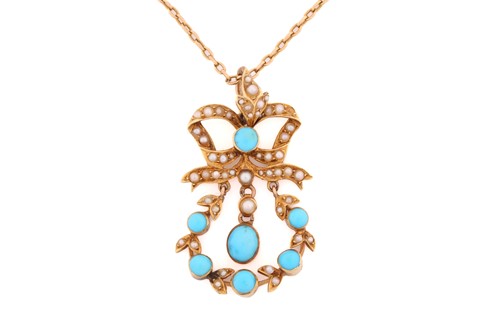 Lot 14 - A turquoise and seed pearl pendant on chain,...