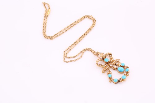 Lot 14 - A turquoise and seed pearl pendant on chain,...