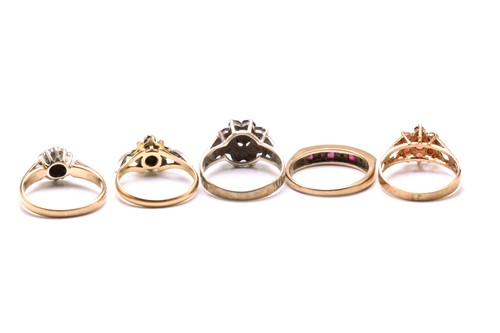 Lot 124 - A lot of five gem-set gold rings, to include a...