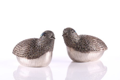 Lot 450 - A pair of Chinese silver and enamel quail...