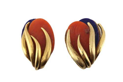 Lot 271 - A pair of 18ct yellow gold earrings with coral...