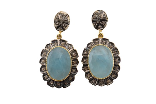 Lot 96 - A pair of aquamarine and diamond drop earrings,...