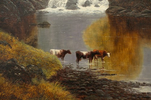 Lot 66 - William Mellor (1851-1931), cattle drinking at...