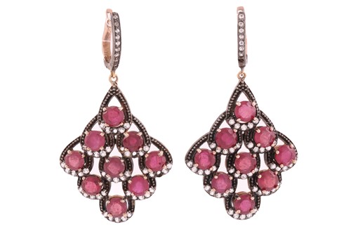 Lot A pair of ruby pendant earrings, each...
