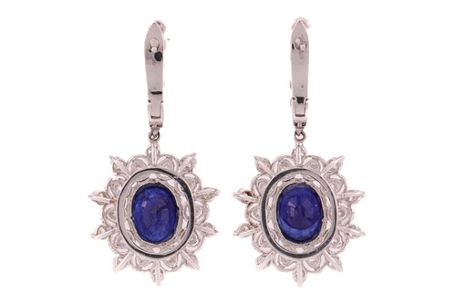 Lot 92 - A pair of sapphire and diamond drop earrings,...