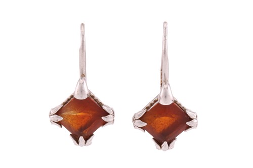 Lot A pair of citrine earrings, each comprises a...