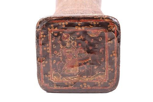 Lot 136 - A Chinese lacquer and split cane opium bolster...