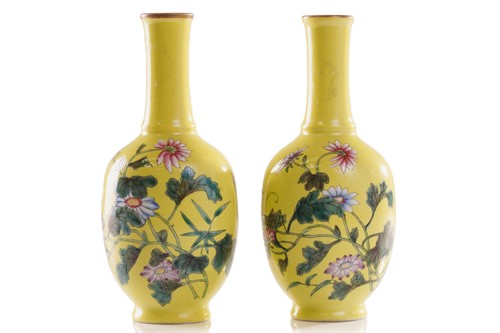 Lot 111 - A pair of small Chinese yellow ground vases,...