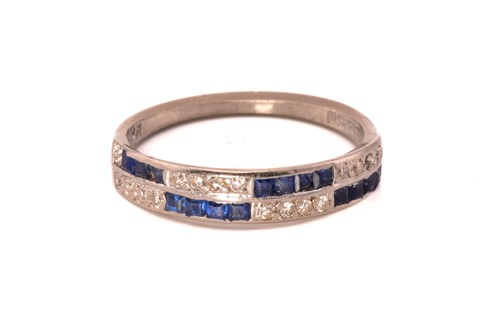 Lot 237 - A sapphire and diamond chequerboard half hoop...