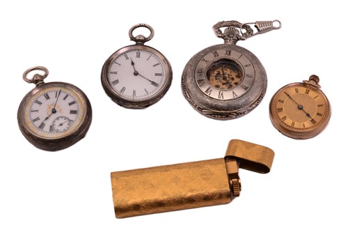 Lot 323 - A Cartier lighter and four pocket watches,...