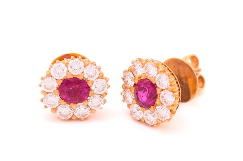 Lot 207 - A pair of ruby and diamond cluster earrings,...