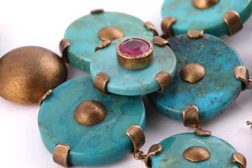Lot 210 - A chrysocolla, turquoise and ruby bib necklace...