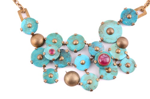 Lot 210 - A chrysocolla, turquoise and ruby bib necklace...