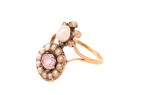 Lot 258 - An Edwardian pink topaz and pearl dress ring,...