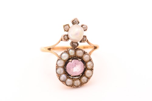 Lot 258 - An Edwardian pink topaz and pearl dress ring,...