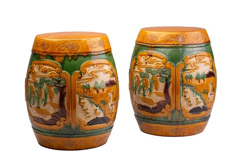 Lot 107 - A pair of Chinese sancai glazed barrel form...
