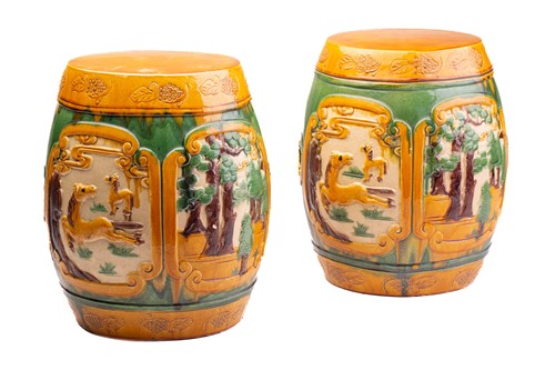 Lot 107 - A pair of Chinese sancai glazed barrel form...