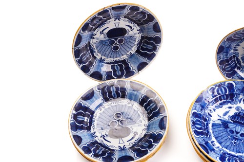 Lot 409 - Five 18th century Dutch Delft plates,...