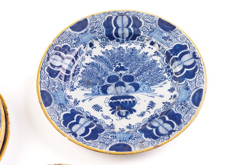 Lot 409 - Five 18th century Dutch Delft plates,...