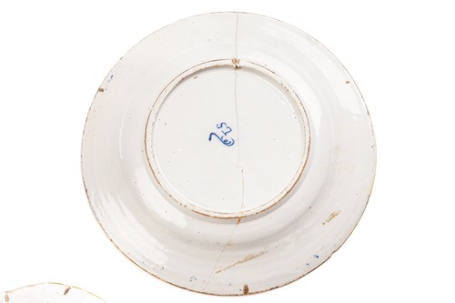 Lot 409 - Five 18th century Dutch Delft plates,...