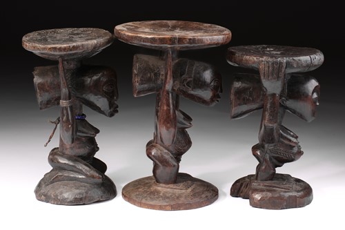 Lot 55 - Three Luba female caryatid stools, Democratic...