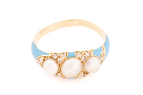Lot 18 - A pearl and diamond enamel ring, comprises...