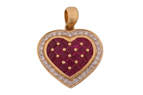 Lot 123 - A ruby and diamond heart pendant, featuring...